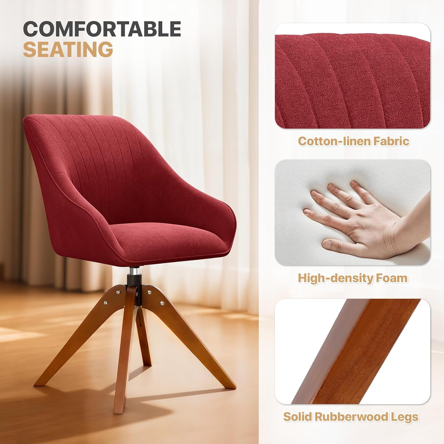 Magshion Mid Century Swivel Accent Chair, 360° Rotating Fabric Armchair with Oak Wood Legs, Modern Reading Chair for Living Room, Bedroom, Office, or Study, Burgundy