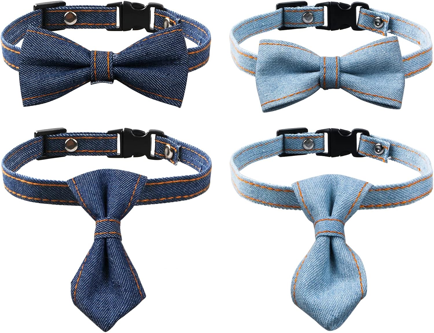 Dog and Cat Collar with Bowtie, 4PCS Adjustable Soft and Comfortable Blue Jean Collar, Cute Breakaway Collar for Kitten Puppy Boy Small Pets