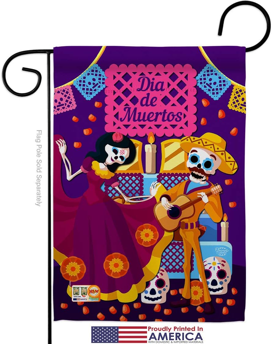 Happy Di de Muertos Garden Flag Set Wall Holder Falltime Day of Dead Dia Los Fiesta Mexican Party Autumntime Small Decorative Gift Yard House Banner Made In USA 13 X 18.5
