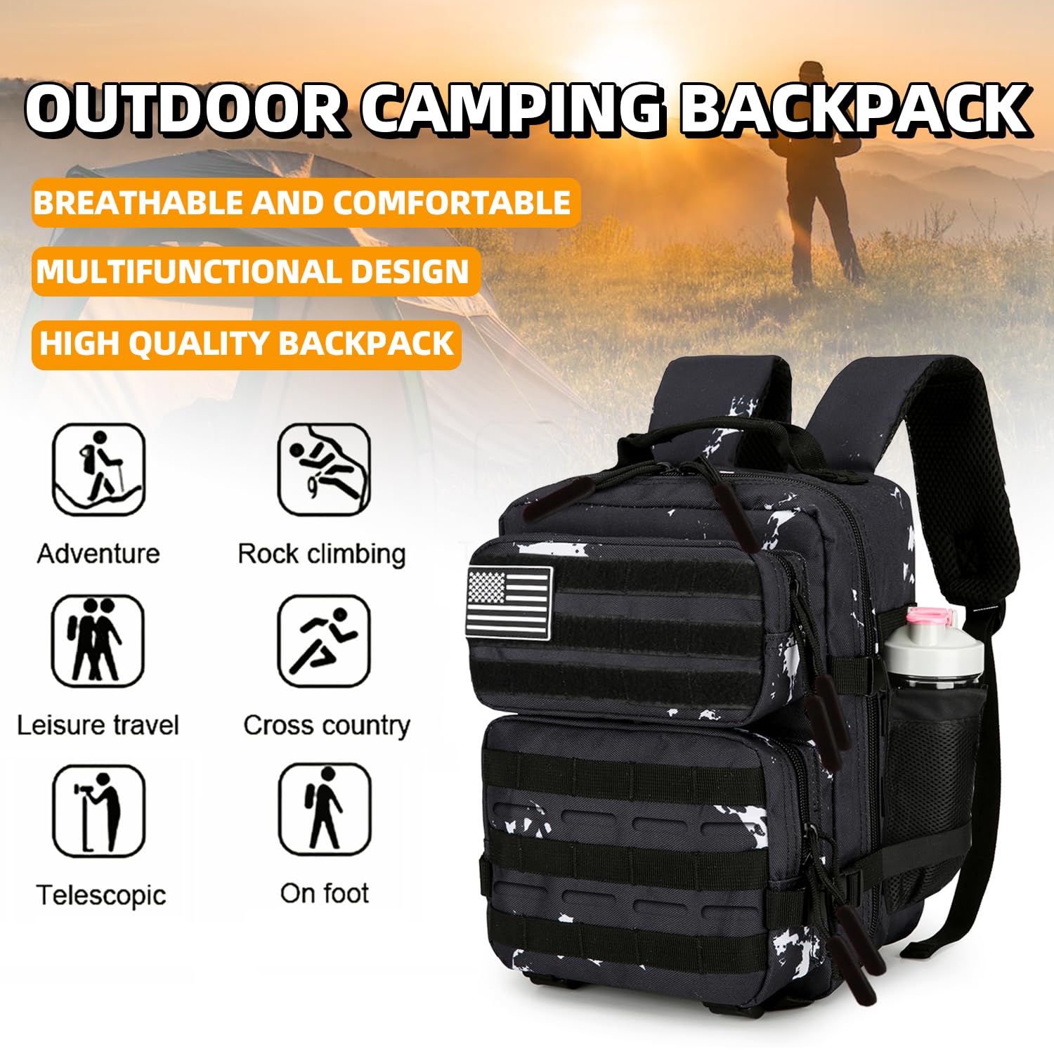 Mochila táctica de uso diario Mochila táctica militar para hombres y mujeres 45L Mochila de fitness, Puntos blancos & negros, Pequeño, Mochilas Daypack 6