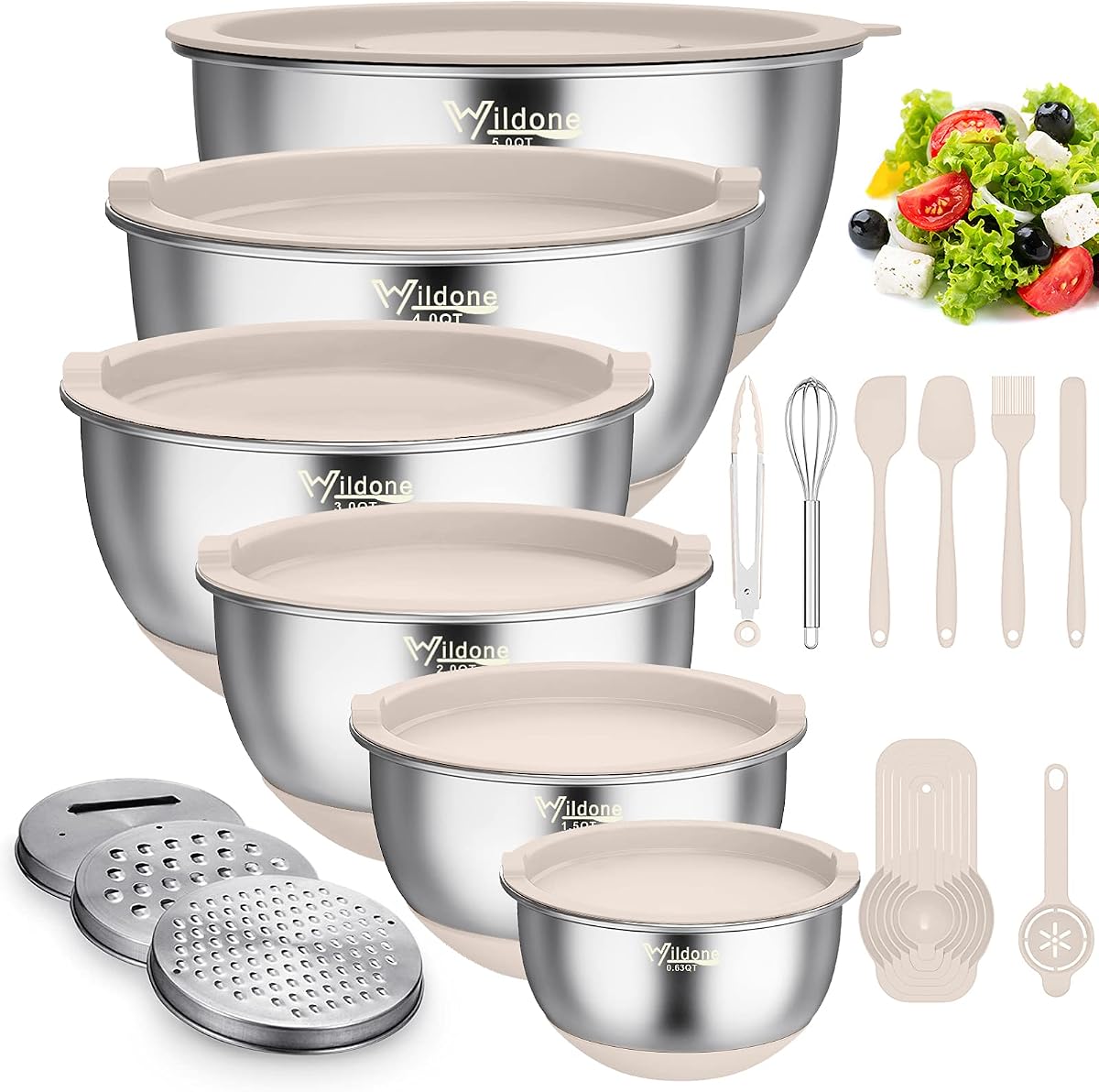 Wildone Mixing Bowls with Airtight Lids, Stainless Steel Mixing Bowls Set | Metal Bowls with 3 Grater Attachments & Non-Slip Bottoms, Size 5, 4, 3, 2,1.5, 0.63QT, Includes Utensil Set for Prep, Khaki