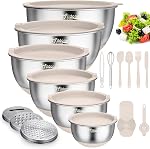 Wildone Mélanger des bols avec des lids hermétiques, 22 PCS Bols de nichoir en acier inoxydable, avec 3 Pièces jointes, marques d'échelle & Bas antidérapant, taille 5, 4, 3, 2,1.5, 0.63QT, idéal pour le mélange & Préparation