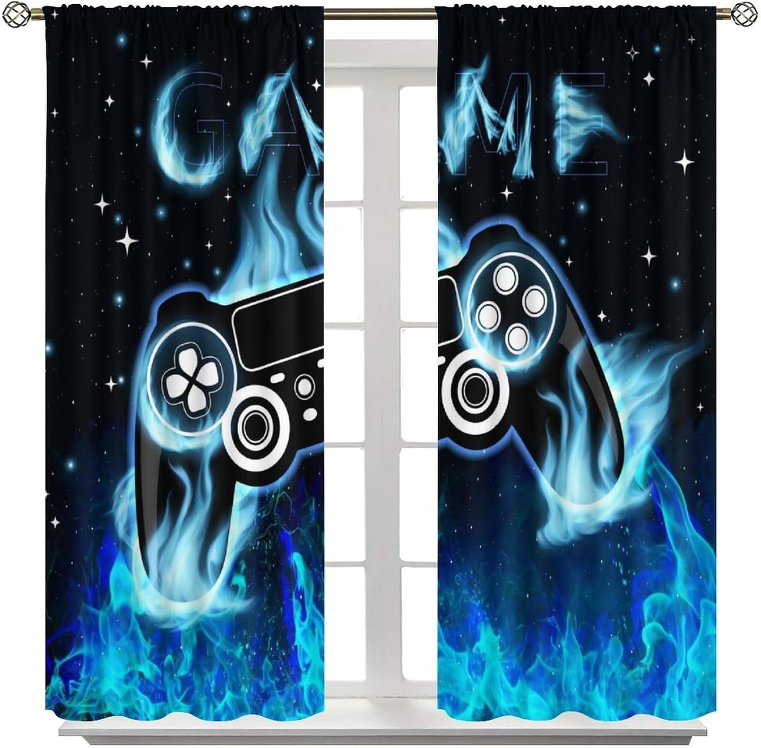 Video Gamer Curtains for Boys,Fantasy Cartoon Blue Flame Computer Gamepad Starry Window Treatments Print for Kids Teenage Bedroom Living Room 41x63.5in（No Blackout）