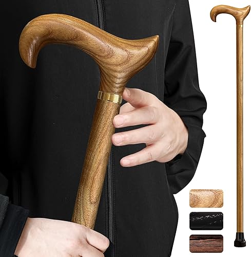 Miniatura 9 de Bastón de madera para hombres y mujeres, madera maciza natural, 3 puntas de goma, resistente, con bolsa de viaje, bastón de madera, bastones