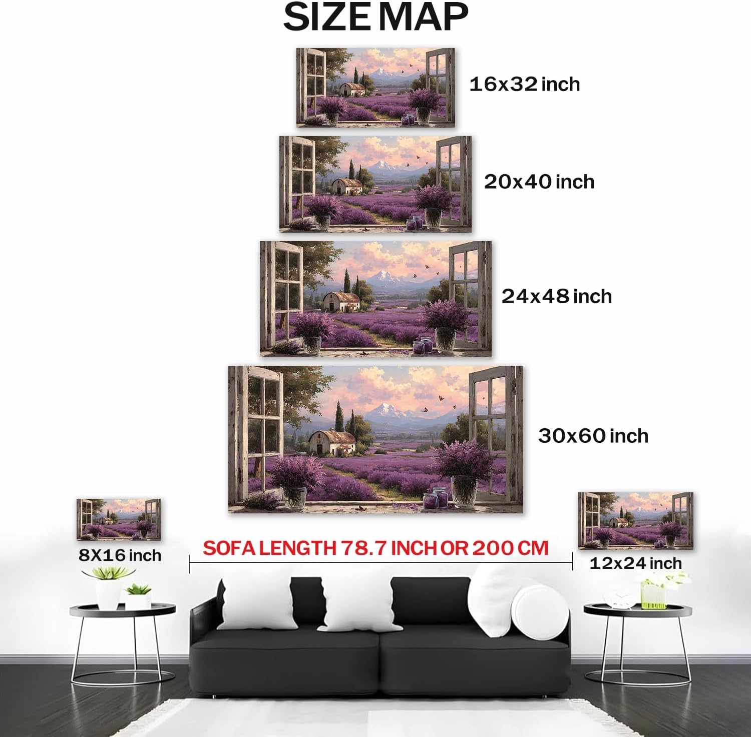 TIMUBA Rustic Farmhouse Floral Canvas Wall Art, Vintage Wildflower Field Painting Artwork, Purple Flower Pictures for Bedroom Wall Decor, Fake Window Country Barn Landscape Poster Home Decor 16x8 In