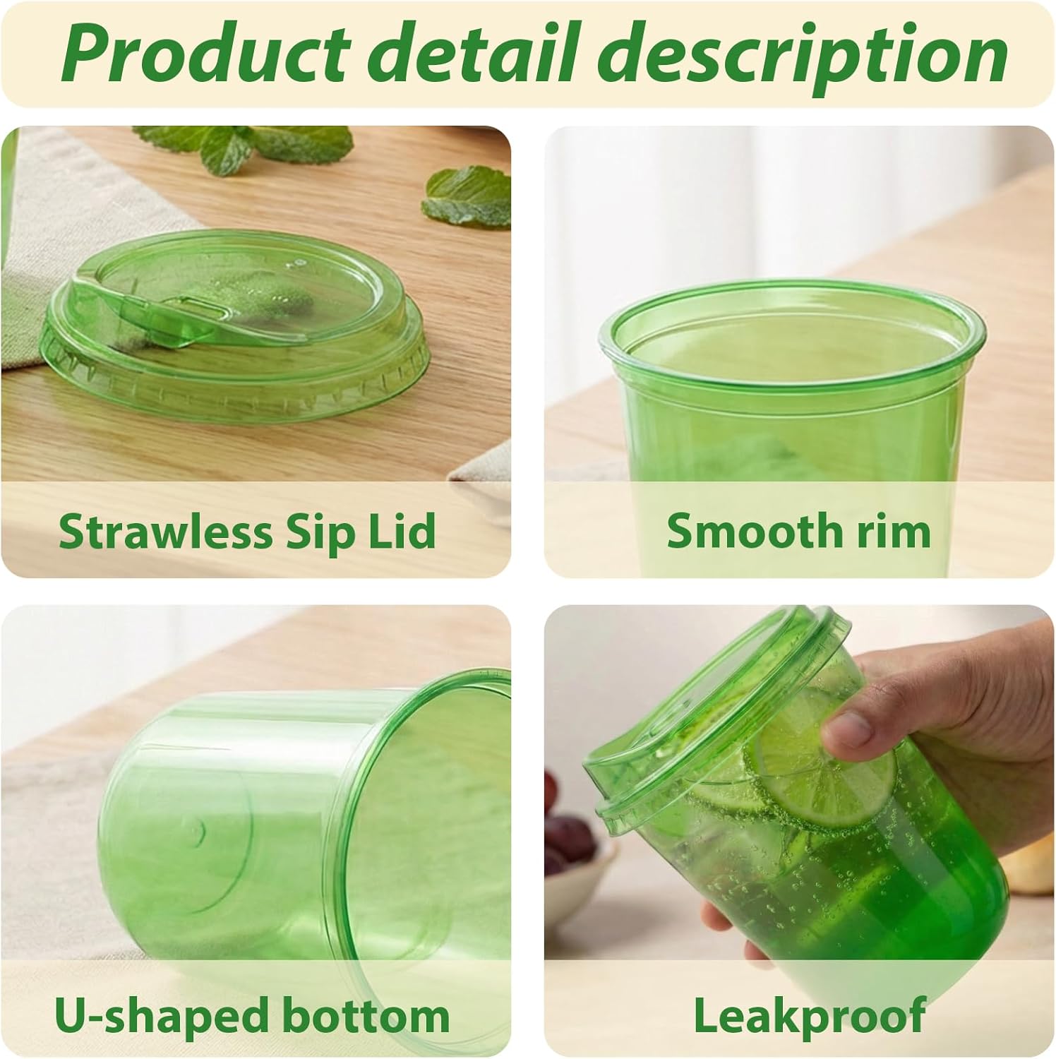 12oz Disposable Stemless Glasses With Strawless Sip Lids,PET Disposable Drinking Cups,Clear Plastic Wine Glasses for Parties Birthday,Wedding,Meeting,Christmas Party Supplies. (100, Green)