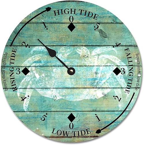 Vintage Crab Tide Clock Beach Ocean Time Wood Tidal Clock with High Tide Low Tide Non-Ticking Tide Clock 10in Wall Tide Movement Clock for Wall