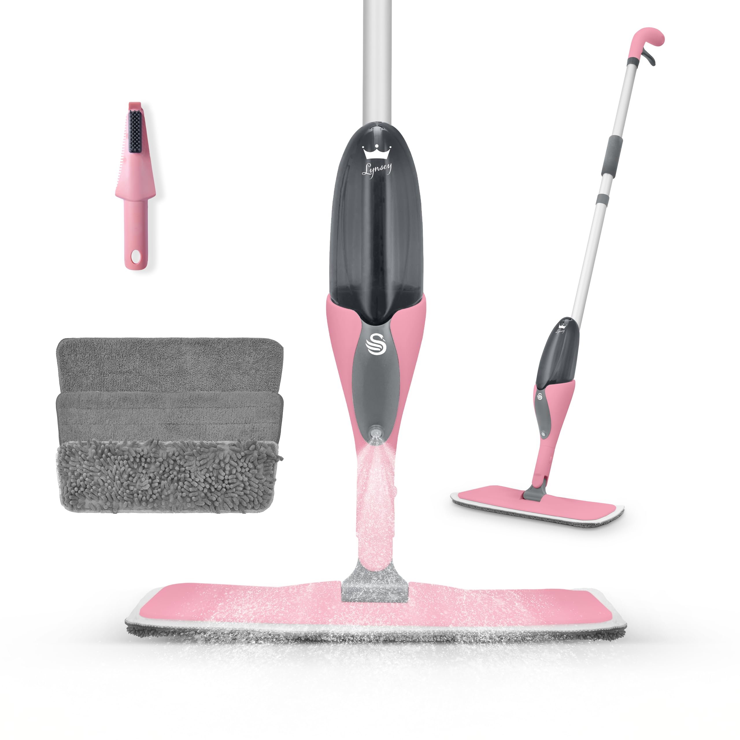 Swan Lynsey Tvs Queen Of Clean Spray Mop With Wet Mopping Pad. Dry Dusting Pad, Soft Abrasive Pad, Cleaning Tool And 500Ml Anti-Leak Bottle. Pink/Grey