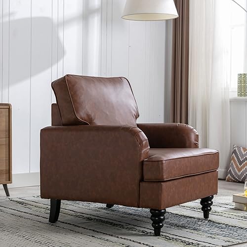 Miniatura 4 de Juego de 2 sillas de sala de estar, modernas de mediados de siglo, silla decorativa de piel sintética con brazo, cómodo sofá individual tapizado