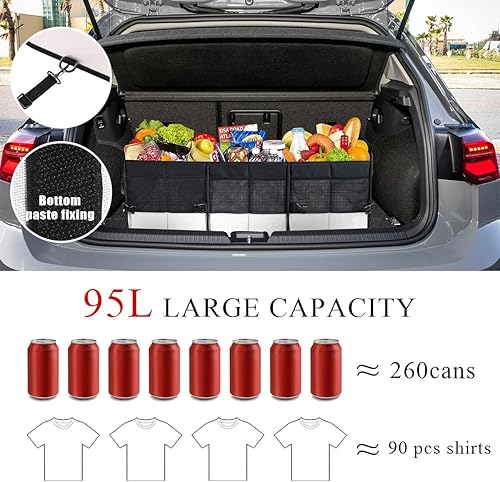 Miniatura 4 de Organizador grande para automóvil, organizador de maletero de almacenamiento elástico de 95 litros con compartimentos divididos, organizador fijo