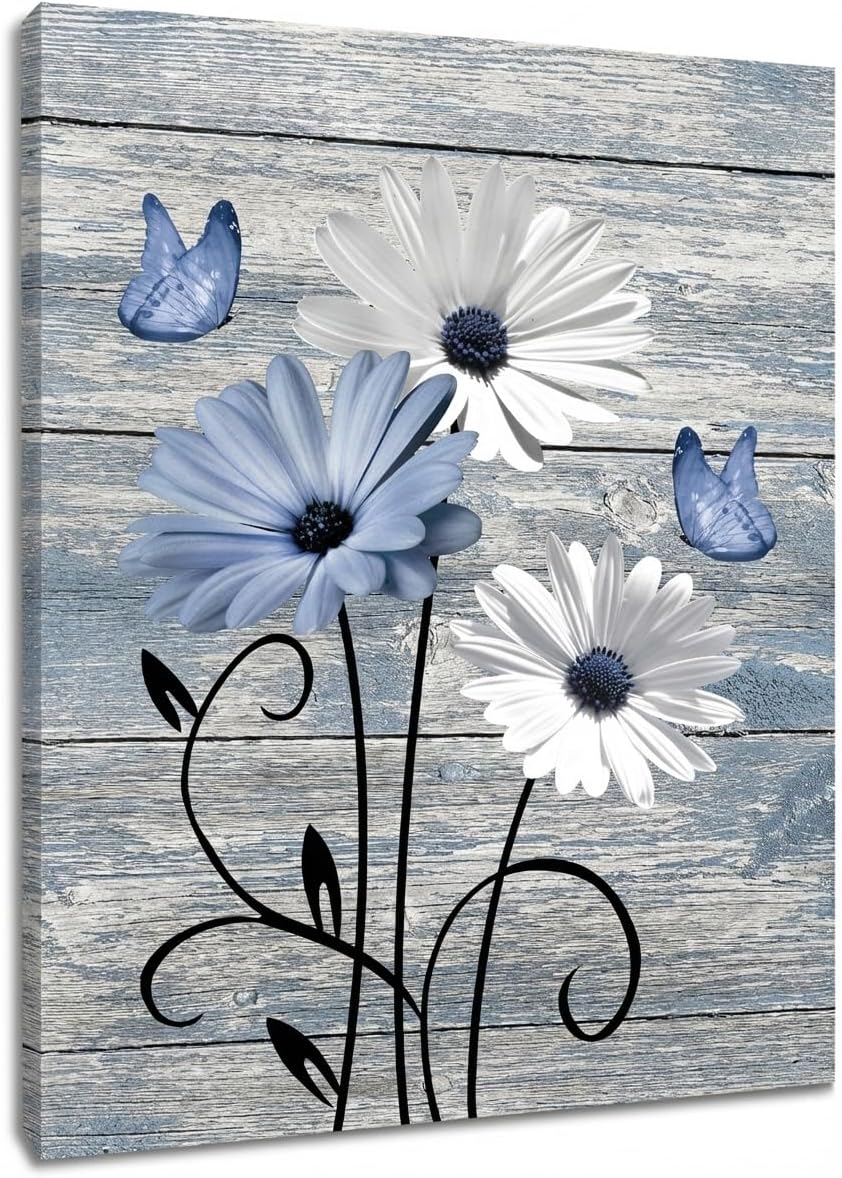 MYUSRE ファームハウス ブルー フローラル ウォールアート リビングルーム用 ブルーとホワイト デイジーバタフライ 素朴な木製