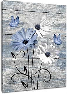 MYUSRE Farmhouse Blue Floral Canvas Wall Art Rustic Wood Daisy Butterfly Framed Wall Art Country Flower Pictures for Living Room Bedroom Bathroom Office Decor Ready to Hang, 16L X 12W Inch