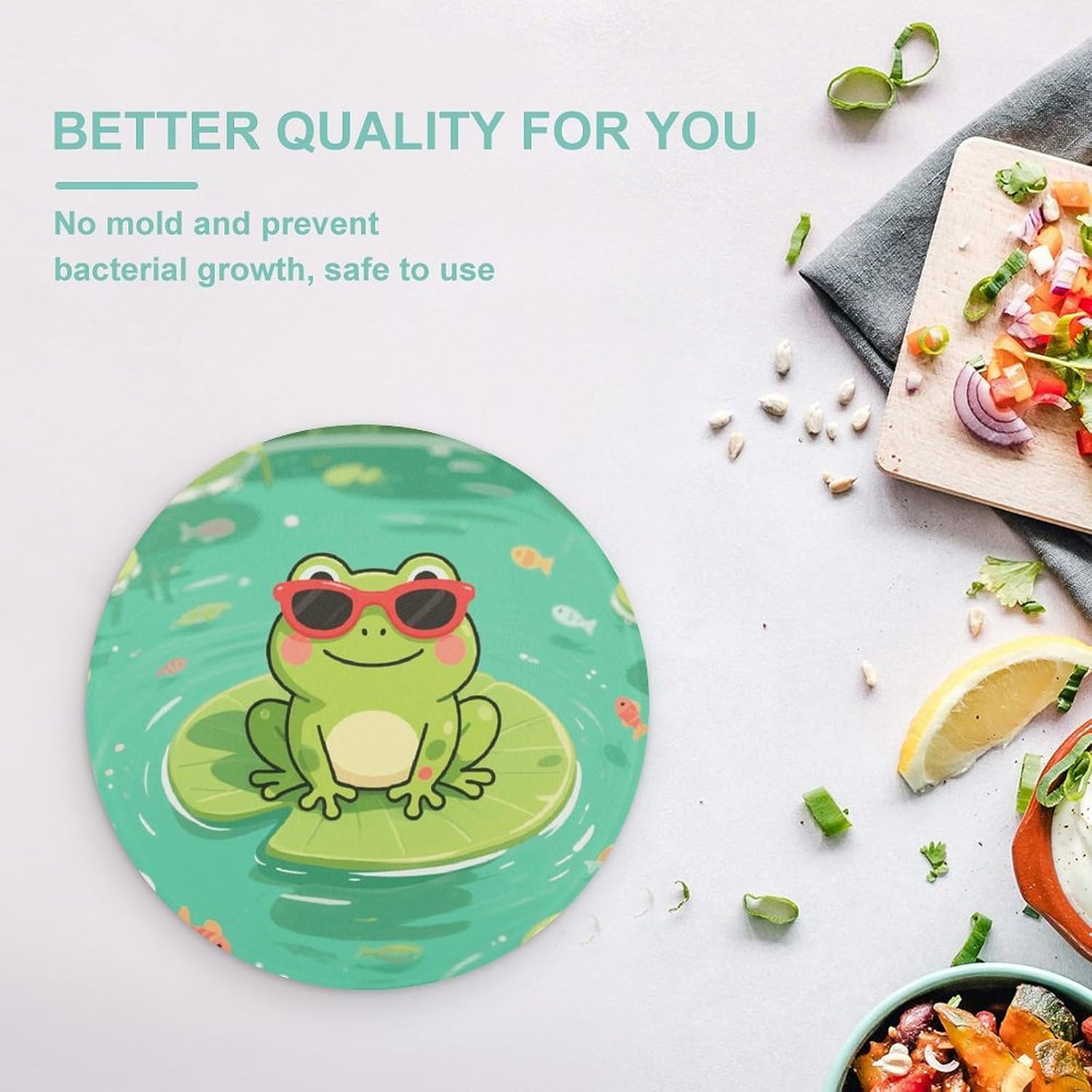Green Frog with Sunglasses Tempered Glass Cutting Board Sturdy Chopping Block Personalized Large Butcher Block Lightweight Round Chopping Mat for Kitchen Non Slip