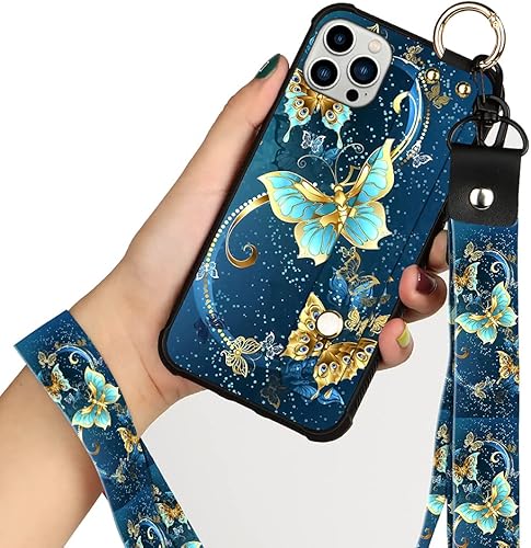 KANGHAR Compatible with iPhone 13 PRO MAX Case Blue Butterfly Shell Wrist Strap Lanyard Cover for iPhone 13 PRO MAX 6.7 INCH 2021 5G Funda para