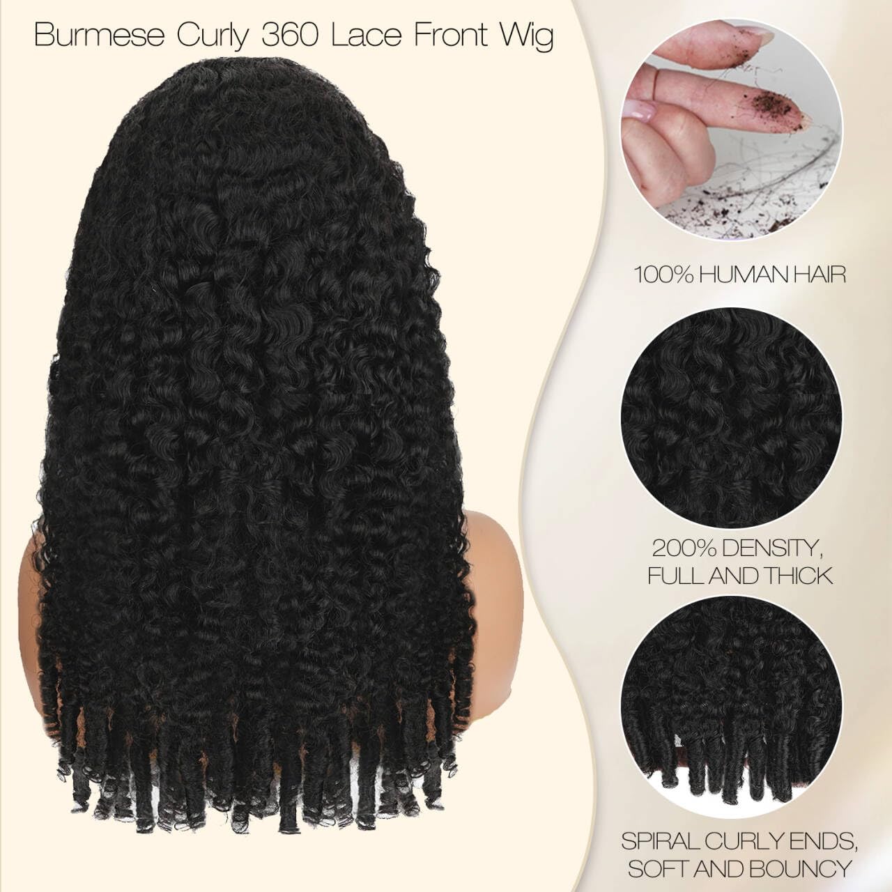 Burmese Curly Human Hair Wig with Spiral End 200% Density 360 Full HD Lace Front Wigs Human Hair Water Wave Wigs for Women 26Inch Pre Plucked with Baby Hair Tiny Knots Natural Black