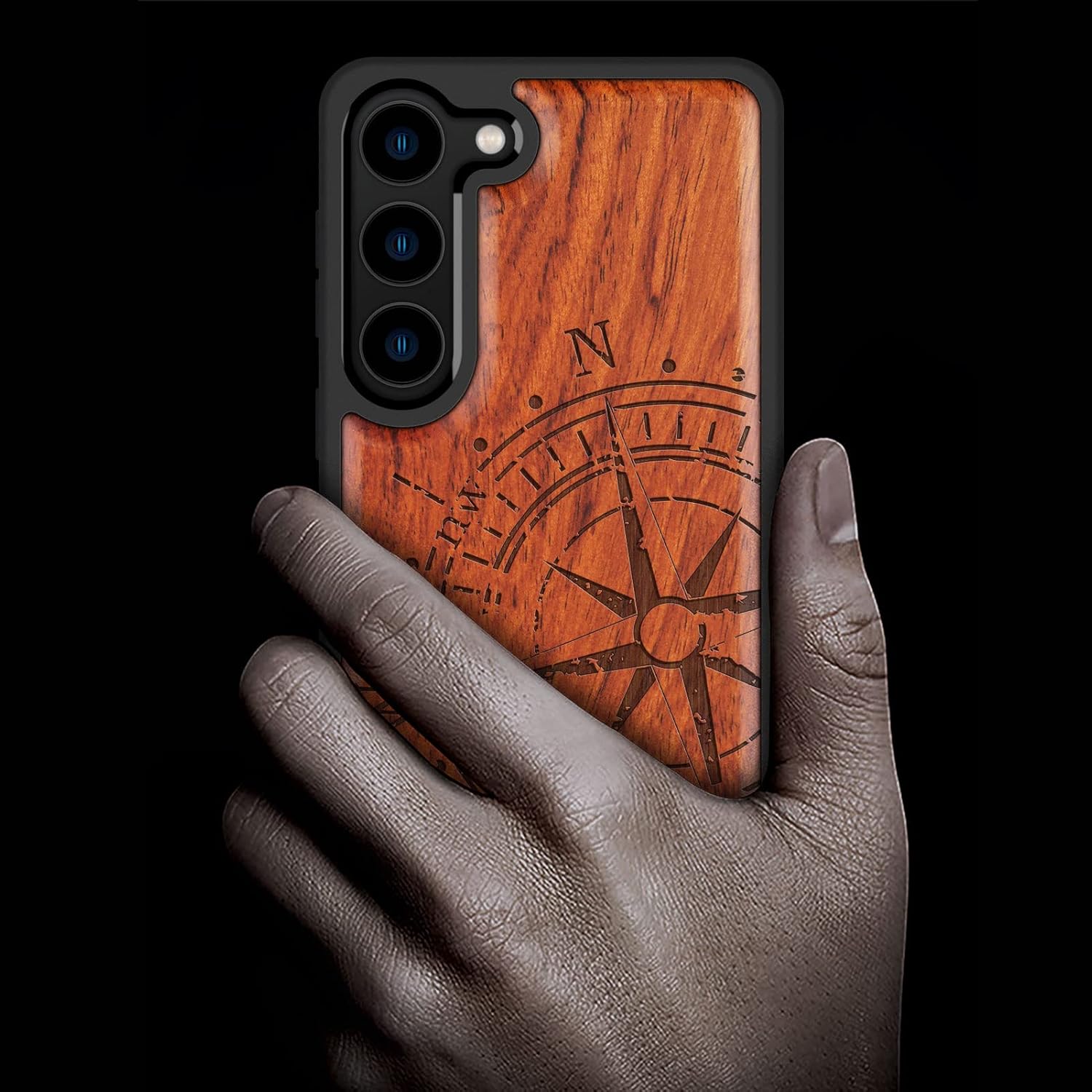 Carveit Wood Case for Galaxy S23 Case [Natural Wood & Black Soft TPU] Shockproof Protective Cover Unique & Classy Wooden Design Compatible with Samsung S23 (Vintage Compass-Rosy)