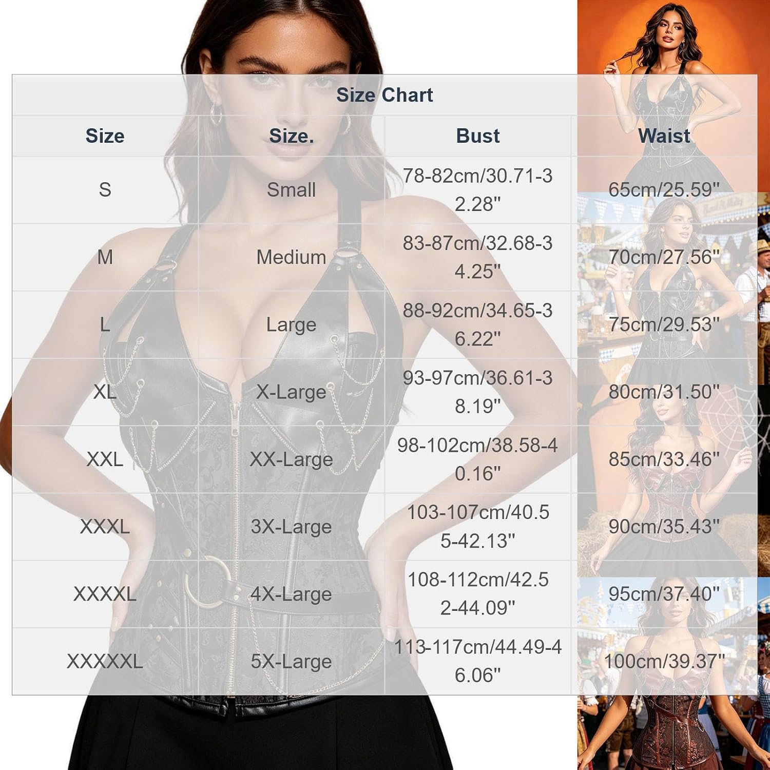 Womens Lace Up Corset Top Leather Look Bustier, Wide Strap Overbust Boned Body Shaper Gothic Renaissance Outfits