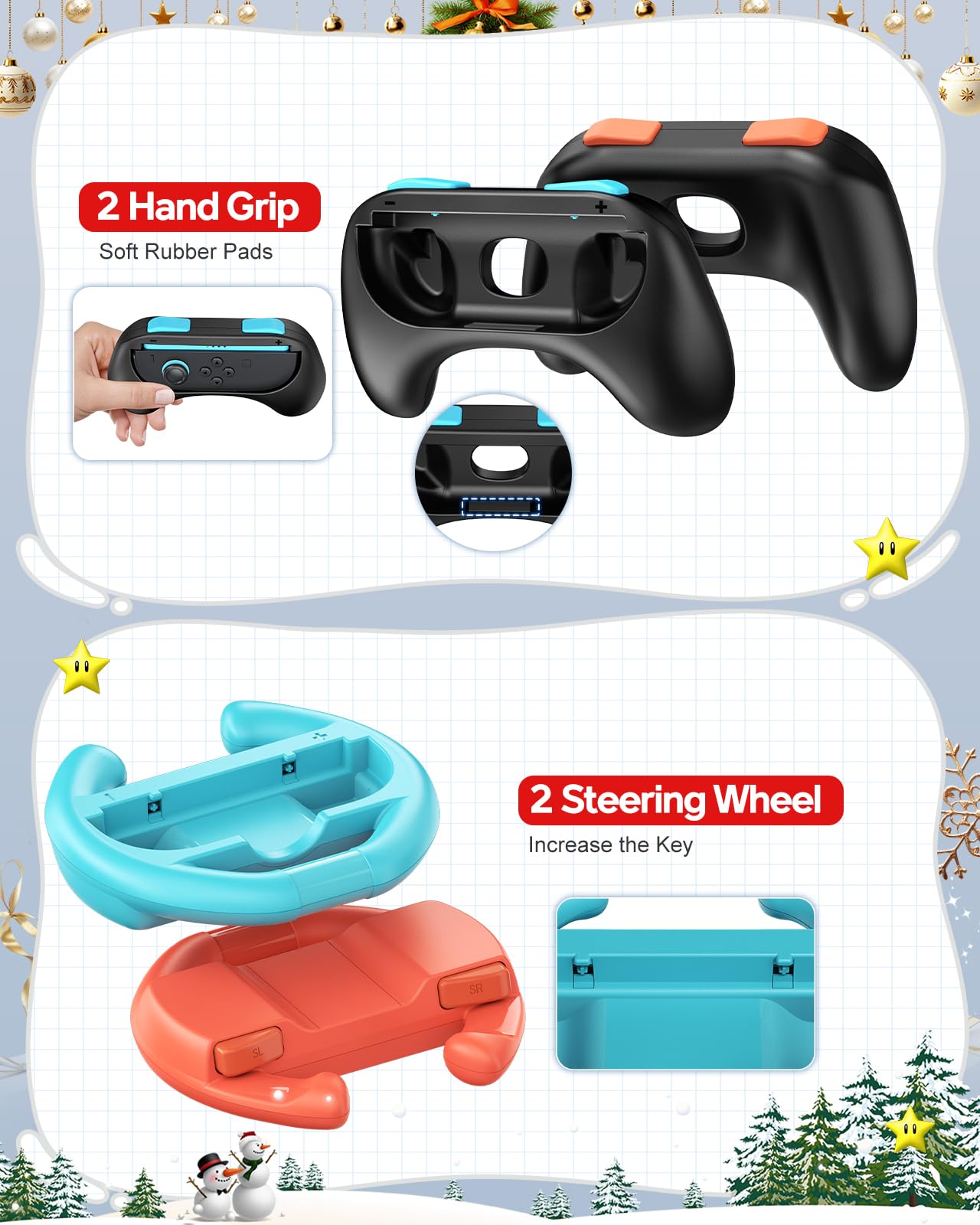 [20-in-1] switch 2 accessoires, étui de transport, chargeur de manette Switch 2, protecteur d'écran, poignées pour Joy Con, volants pour Mario Kart, étui de protection transparent (Blue)