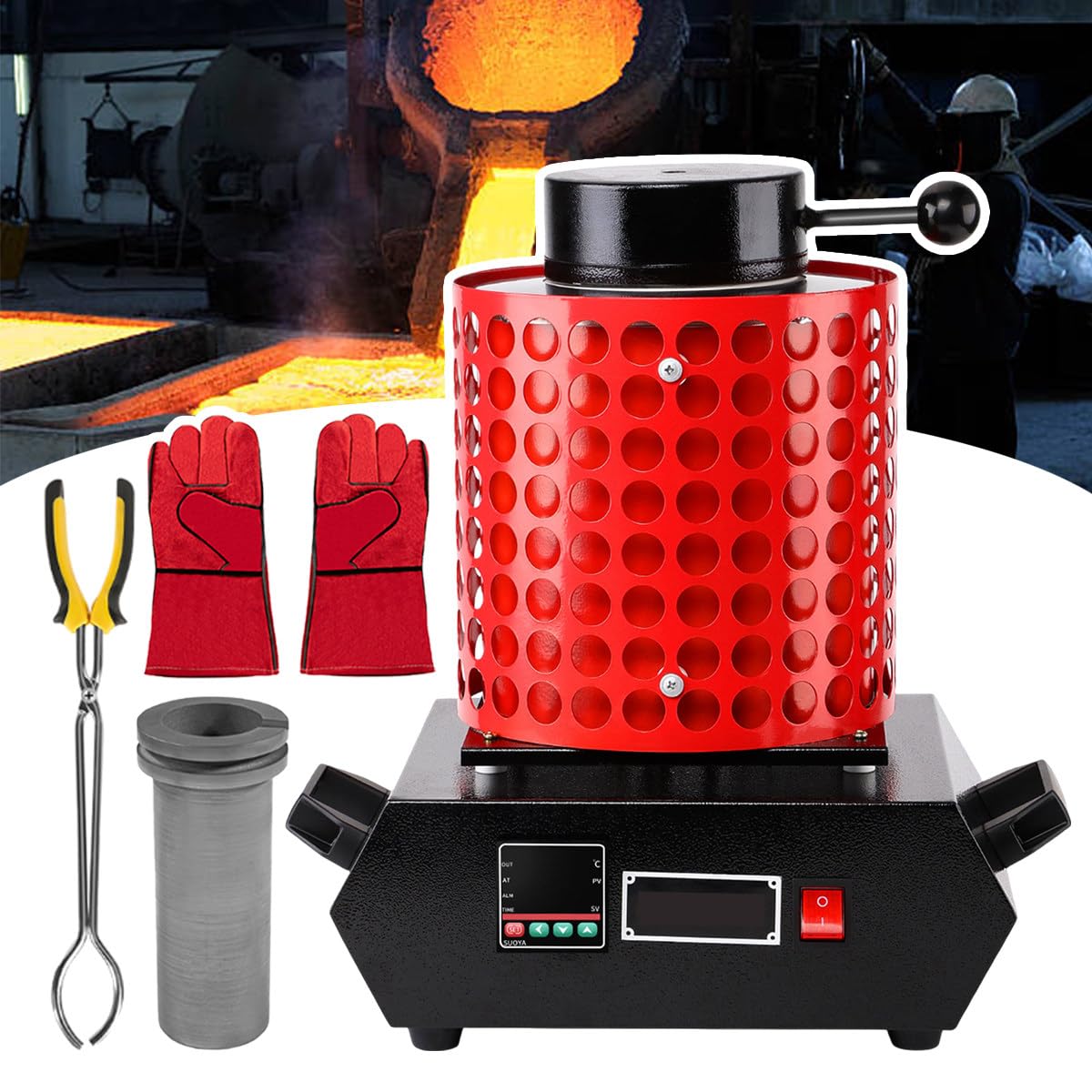 Kit Horno para Fundir Oro,Pantalla Control Temperatura,Mango Acero Inoxidable,con Red Aislamiento,Crisol Grafito,Aislamiento Térmico,Guantes,Pinzas Crisol,Fundición Rápida 2102 ℉ red-2kg