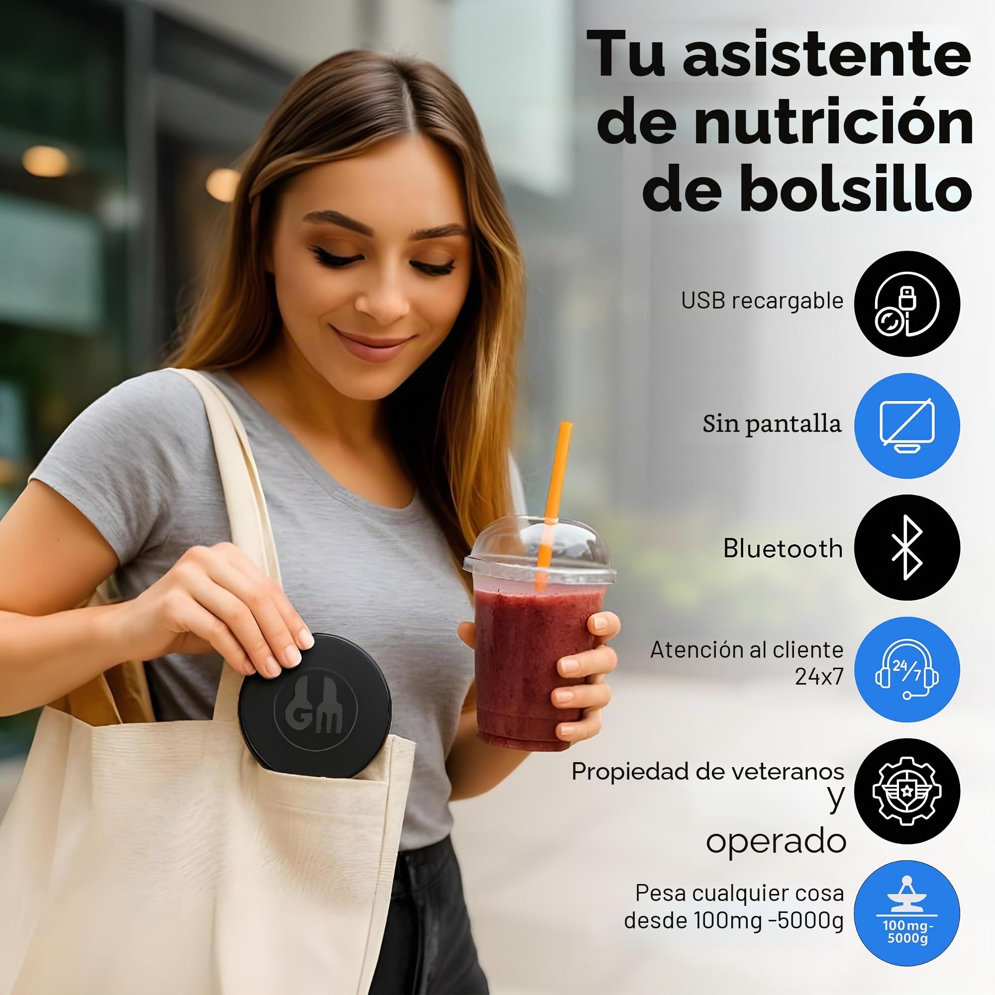 Báscula de alimentos, portátil, recargable, tamaño de viaje. Calculadora inteligente de calorías para pérdida de peso, nutrición, diabetes, preparación de comidas, dieta. Báscula digital de