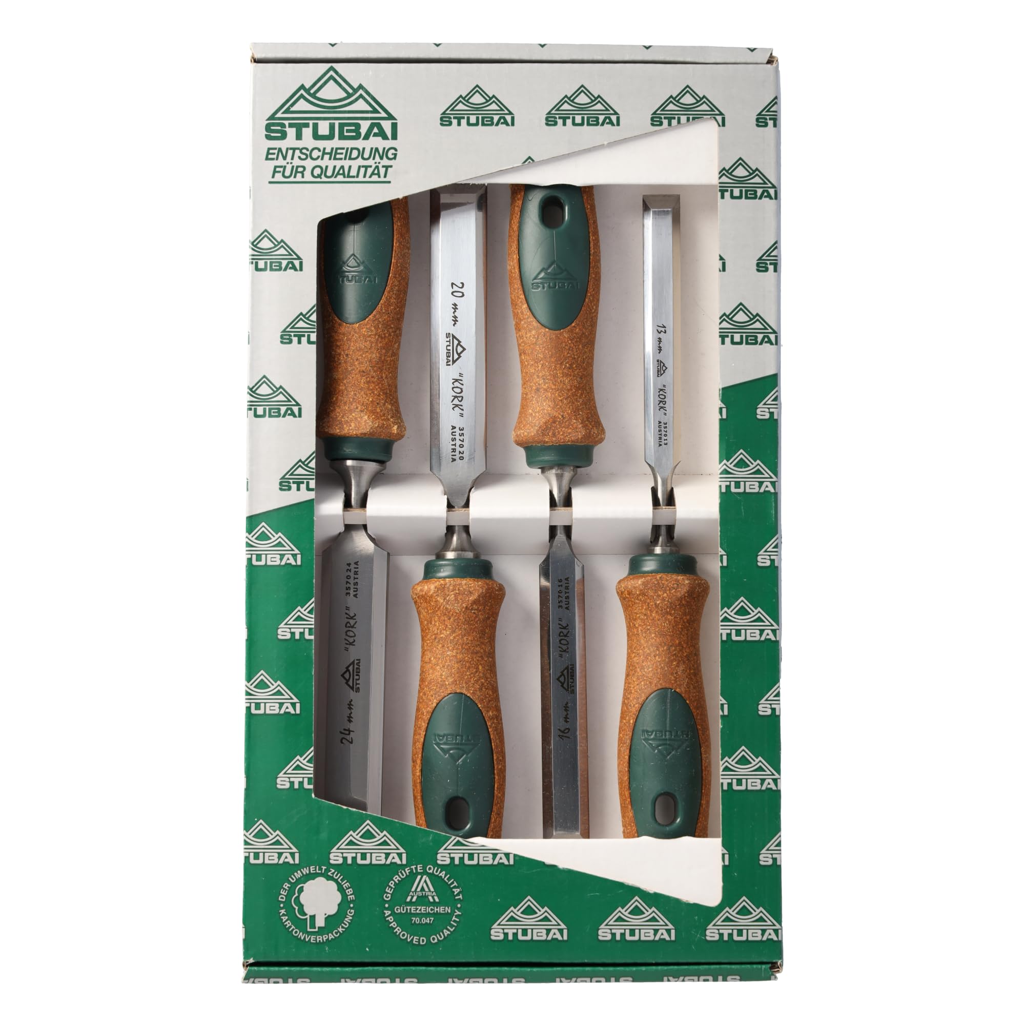 Stubai 357104 Ciseaux à bois façon suédois avec manche en liège, Vert/brun/argent, 13-24 mm, Set de 4 Pièces