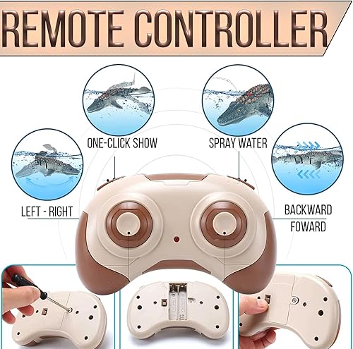 Miniatura 5 de Juguetes de dinosaurio 2.4G para niños, barco Mosasaurus RC de alta simulación con luz y rociador de agua para piscina y baño (con 2 baterías)