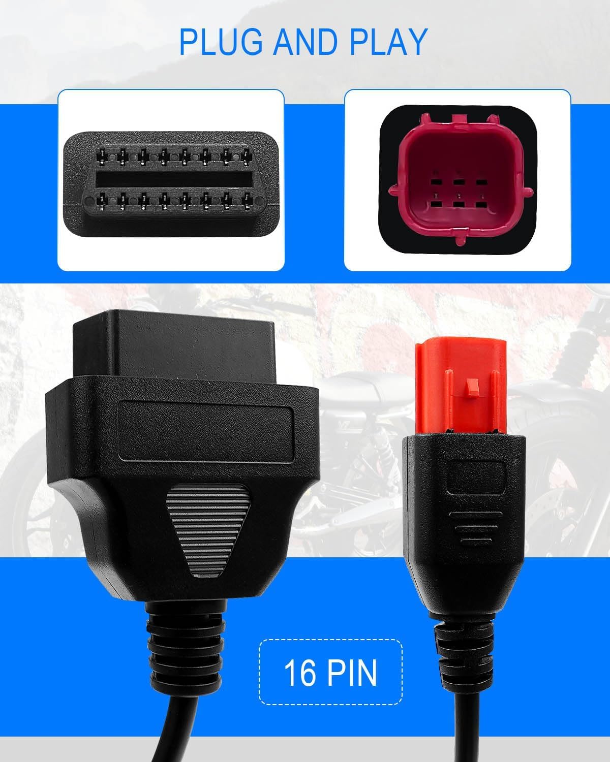 Motorcycle OBD2 Diagnostic Cable - 16 Pin To 6 Pin Adapter For Yamaha Honda Kawasaki Suzuki