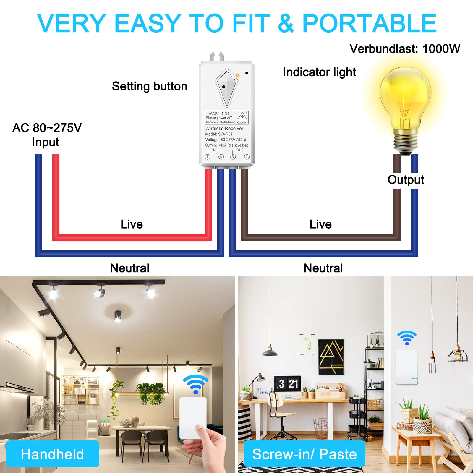 NineLeaf - Kit de interruptor inalámbrico portátil para lámparas LED con mando a distancia Receptor inalámbrico sin cableado No requiere batería, fácil de instalar (3 interruptor 1 receptor)