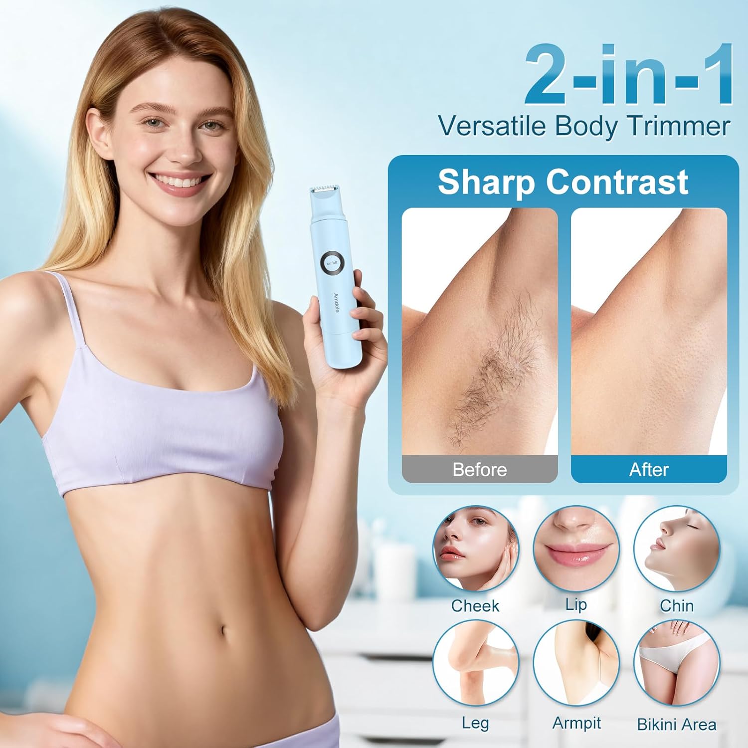 Bikini Trimmer for Women - 2 in 1 Electric Painless Razors for Women with Dual Heads, Waterproof Pubic Hair Groomer for Body Underarm Leg Face, Rechargeable Compact Travel Shaver - Image 6