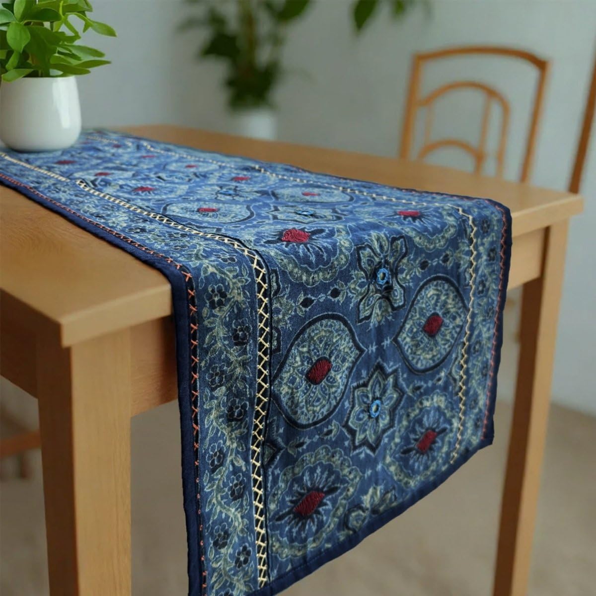 Peepul Tree Indigo & Green Ajrakh Hand Block Printed Table Runner with Hand Embroidery - 13 x 72 Inches,