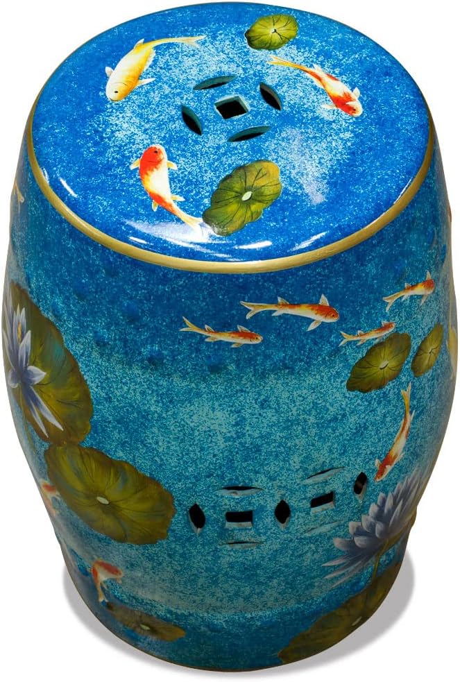 ChinaFurnitureOnline Blue Porcelain Koi Fish Lotus Pond Motif Asian Garden Stool