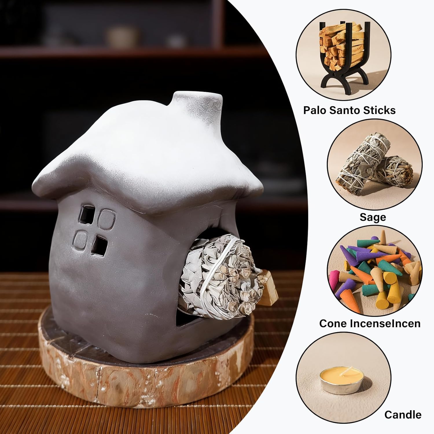 Mougigi Tall Snow-Roofed Ceramic Palo Santo Burner - Mini Chiminea Incense Holder with Stable Base, Ideal for Smudging Sage & Burning Incense Cones, Perfect for Meditation, Yoga, Altars, Home Decor