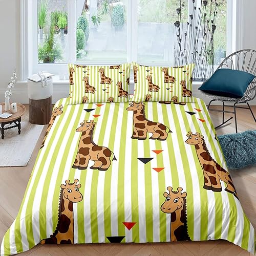 Feelyou Juego de funda de edredón con diseño de jirafa para niños y niñas, diseño geométrico, diseño de rayas, color verde y blanco, 3 piezas de