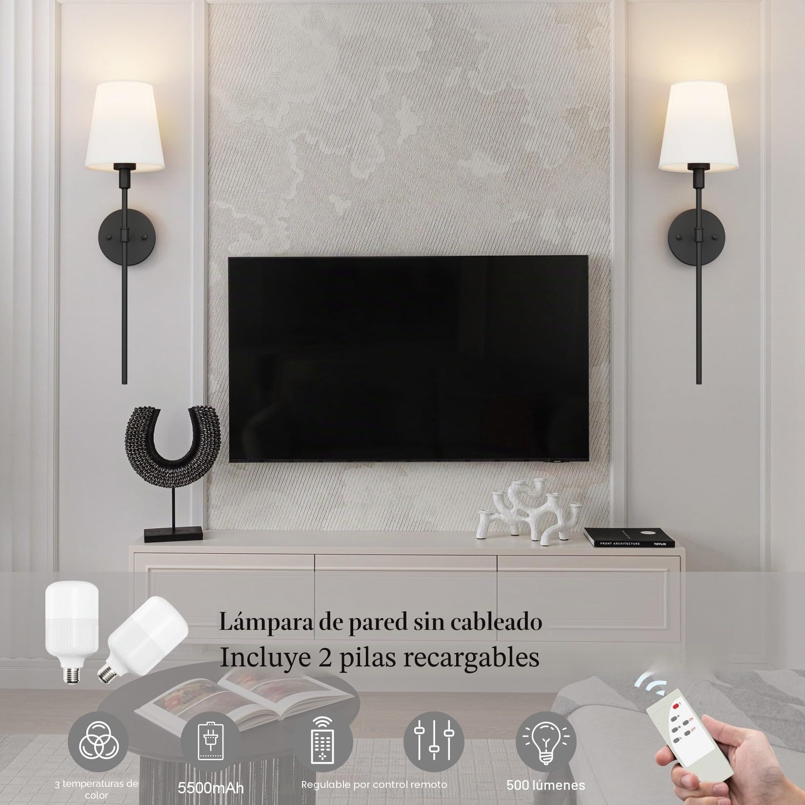 Aipsun 2 PCS 5500mAh Lámpara de pared de la batería con pantalla de tela blanca, Regulable, Aplique de Pared Interior Sin Cable con mando a distancia, para dormitorio, cuarto de baño(Negro)