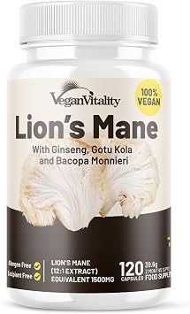 Lions Mane Supplement High Strength Capsules Complex - Mushroom Supplement Caffeine Free, Lions Mane Capsules - 120 Vegan Bacopa Monnieri, Gotu Kola, Ginseng Capsules