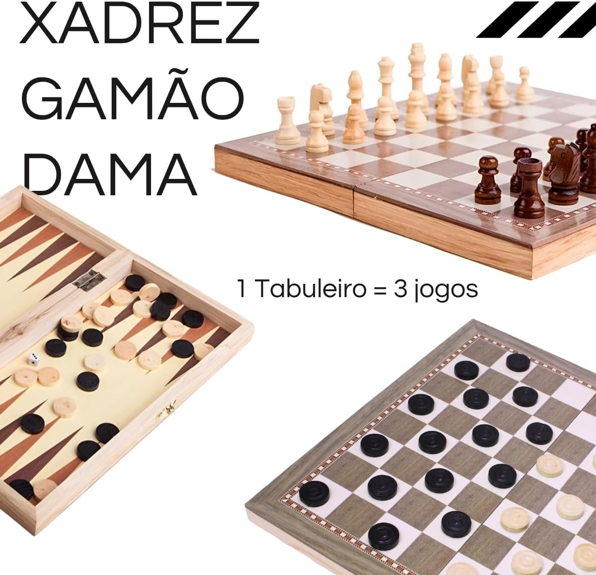 Jogo Xadrez Dama Gamão Madeira Tabuleiro 3 Em 1 29x29