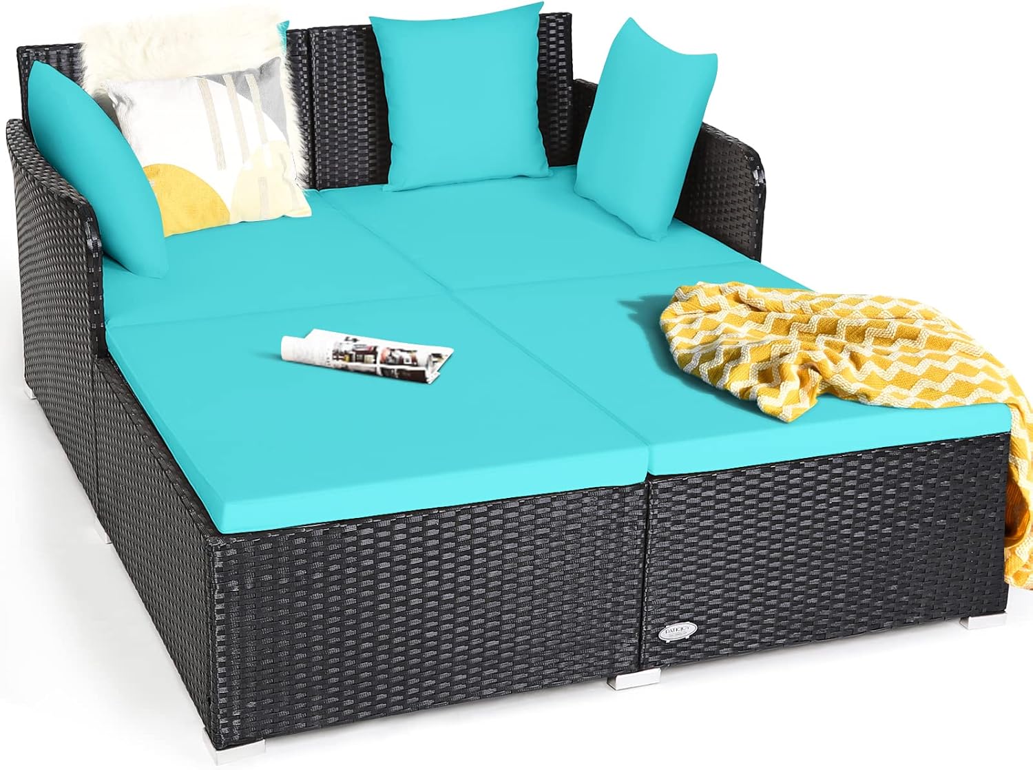 SFAREST Double Wicker Daybed, Outdoor Rattan Sectional Sofa Set with Upholstered Cushion, Patio