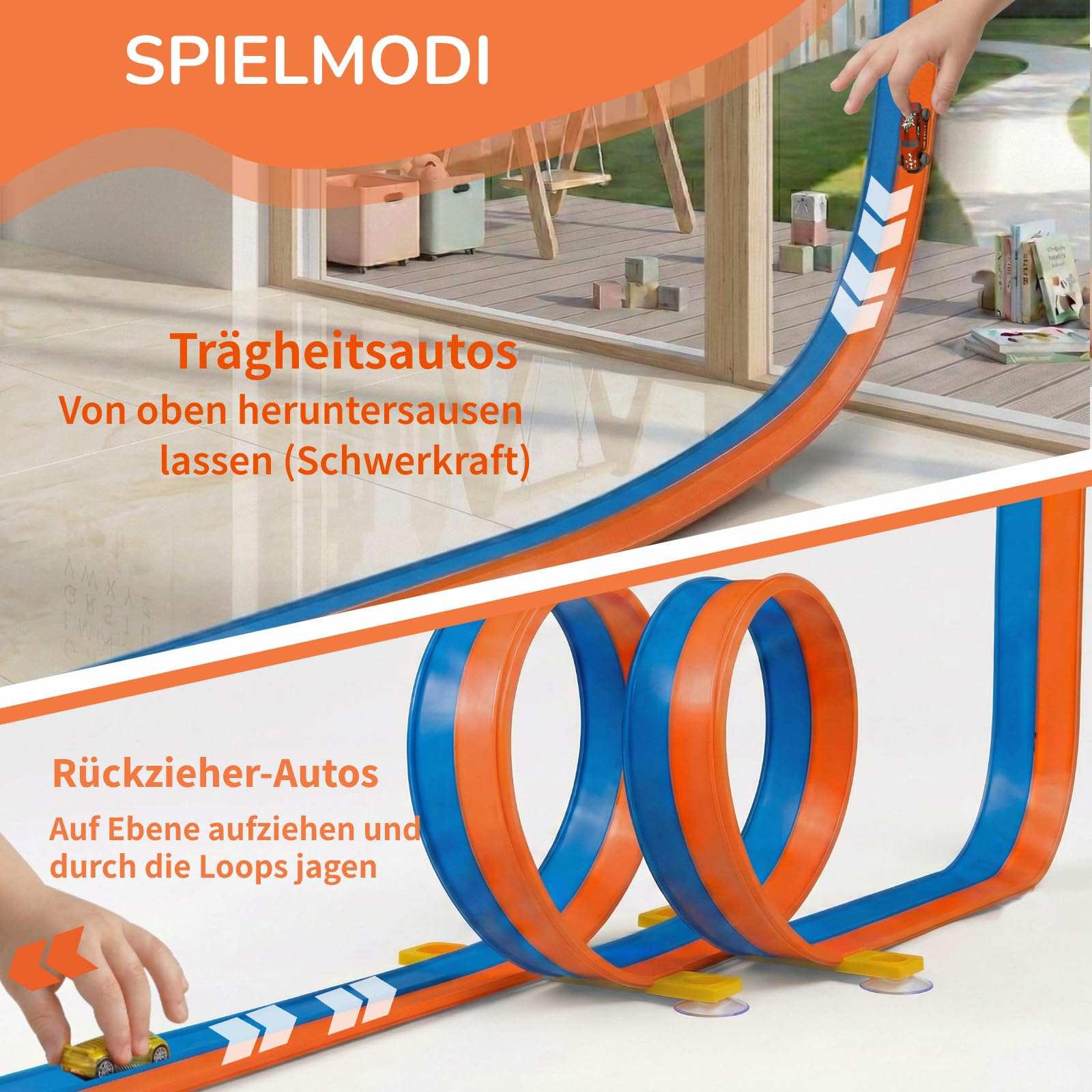 5M Flexible Autorennbahn Set mit 2 Loopings, 2-in-1 Rennbahn mit Autos & Tragtasche, Schwerkraft & Pull-Back Rennstrecke, Spielzeug für Kinder ab 3 4 5 6 Jahre, Geschenk für Indoor/Outdoor (Orange)