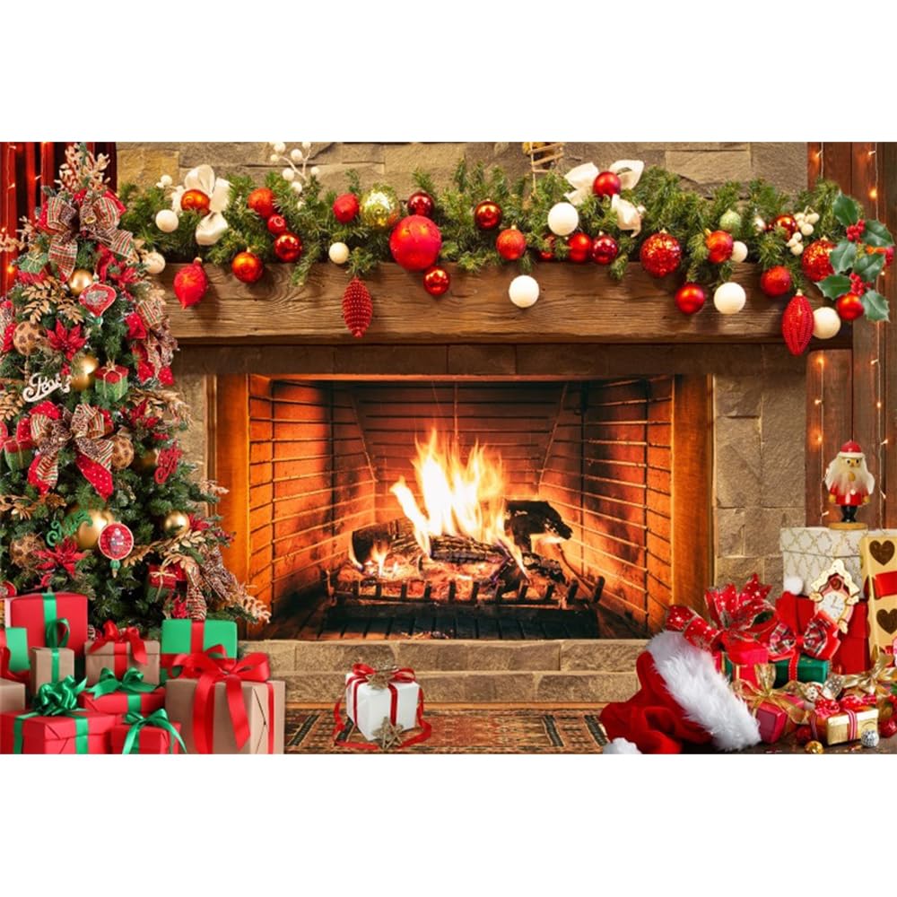 DASHAN 7x5ft Christmas Fireplace Photo Backdrop Xmas Interior Photography Backdrop Christmas Fireplace Decoration Background Photo Prop Xmas Tapestry