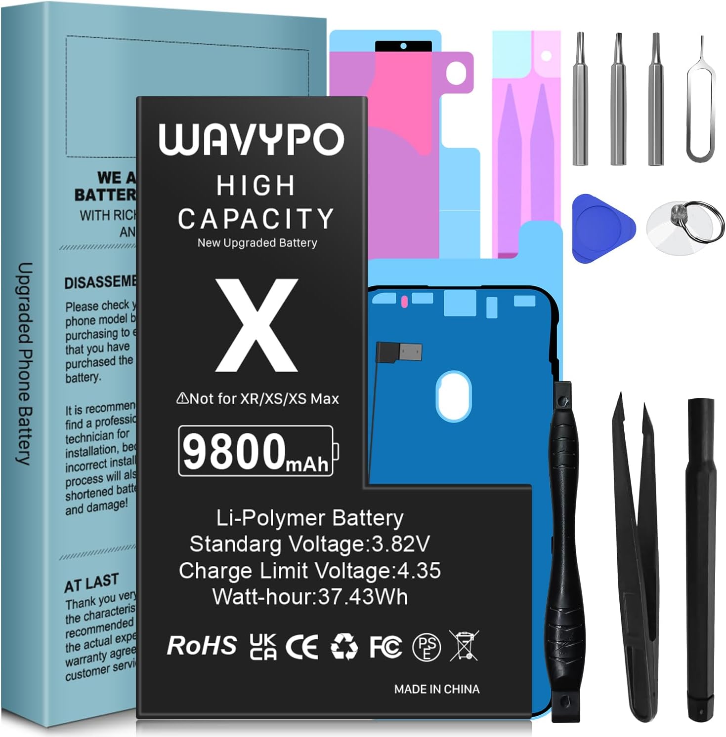 WAVYPO [9800mAh] Battery for iPhone X, Upgraded New Version High Capacity 0 Cycle Battery Replacement for iPhone X A1865, A1901, A1902 with Full Replacement Tool Kit and Instruction