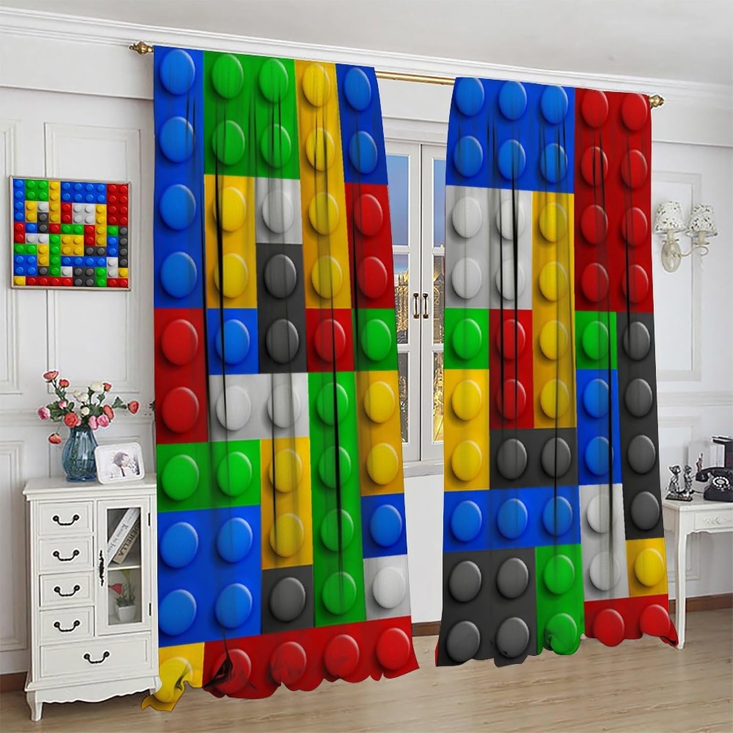 Kids Building Blocks Toy Curtains, Color Constructor Blocks Window Treatments for Bedroom Abstract Contour Colorful Plastic Brick Geometric Print Pattern Window Drapes for Playroom 63x72in