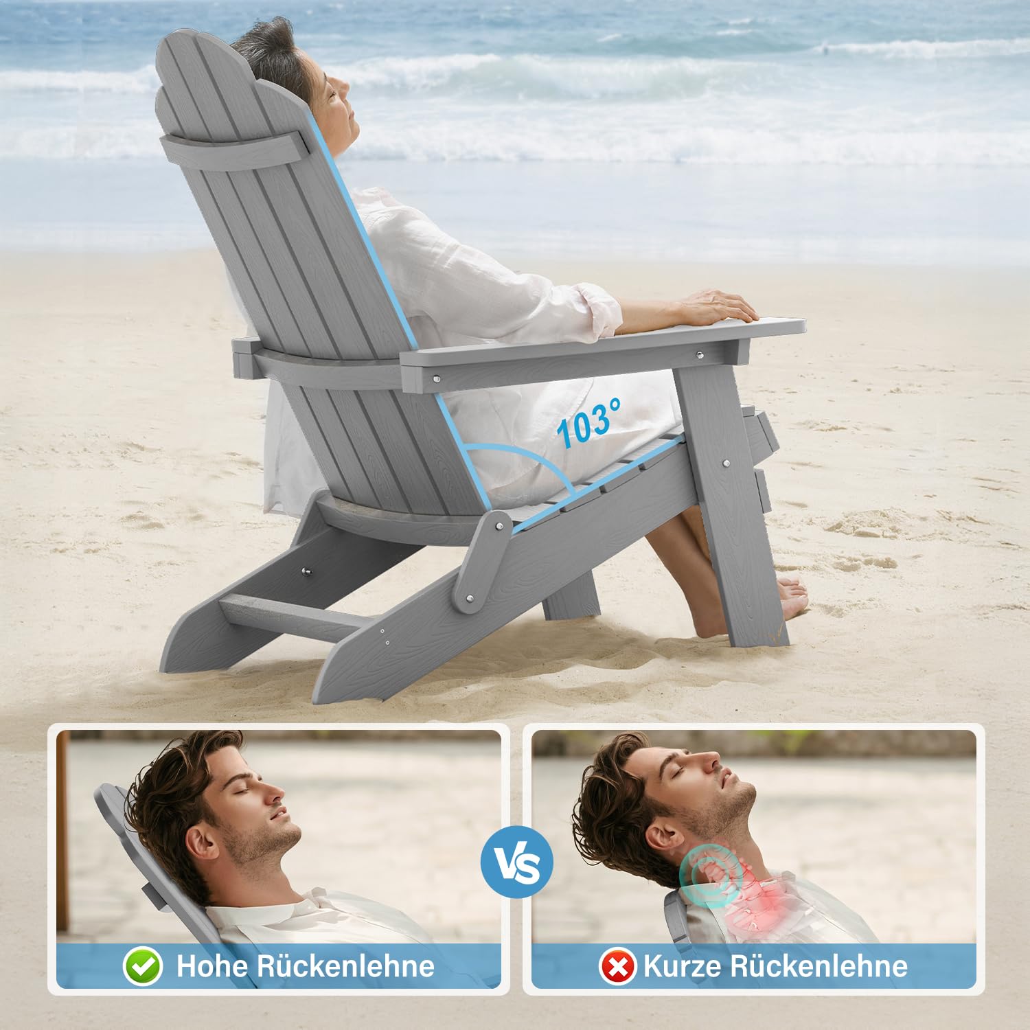 Adirondack Stuhl Klappbar für Outdoor Garten: Adirondack Chair Kunststoff HIPS Allwetter - Adirondack Gartensessel Wetterfest Ergonomisch Relaxsessel für Balkon/Feuerstelle/Beach - Einfache Montage