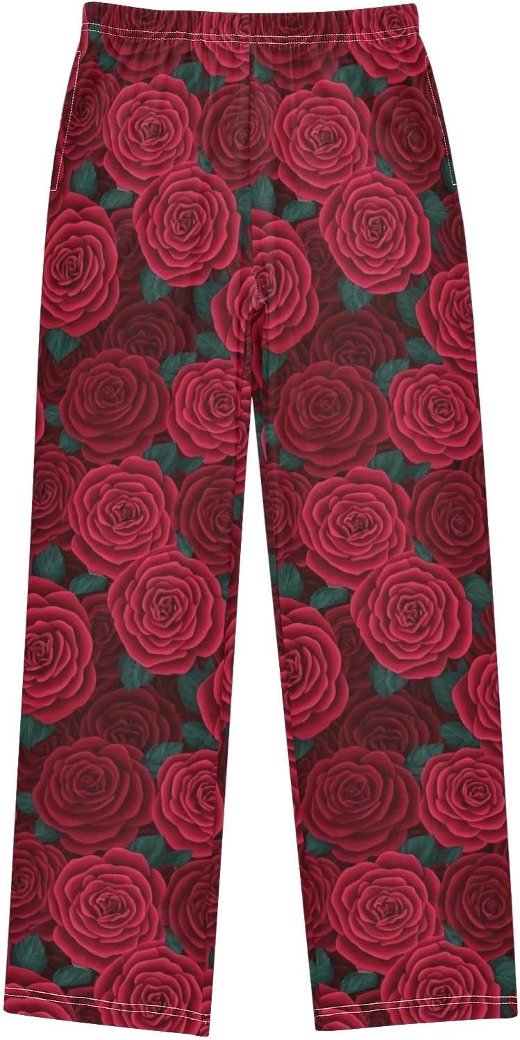 Red Rose Vintage Pajama Pants Soft Modal Lounge Pants with Pockets & Elastic Waist for Cozy Sleepwear