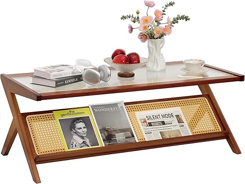 Miniatura 8 de Mesa de centro de bambú, mesa de centro de ratán con parte superior de vidrio, mesas centrales de madera de mediados de siglo, modernas mesas de té