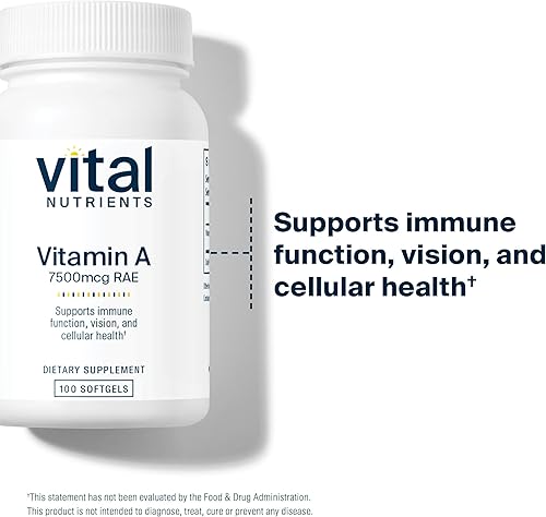 Miniatura 3 de Vital Nutrients - Vitamina A (de aceite de hígado de pescado) - Apoya la función inmune y la visión - 100 cápsulas blandas por botella - 7500 mcg RAE