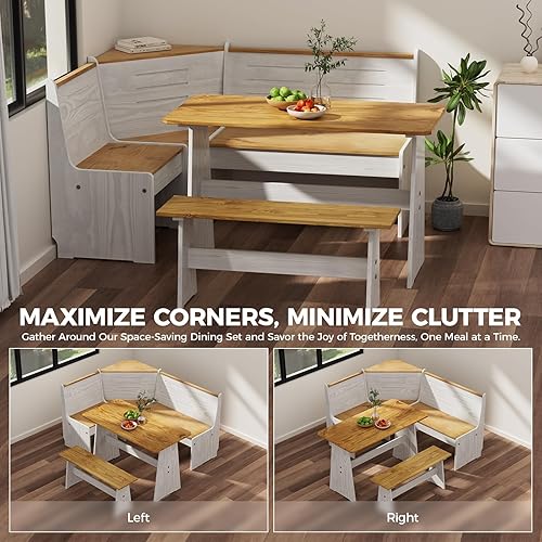 Miniatura 7 de Juego de mesa de rincón de cocina para desayuno, banco de esquina de madera maciza para 4-6 personas, banco en forma de L para comedor, ahorro de