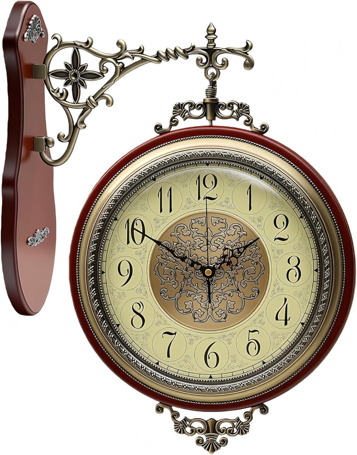 Double Sided Wall Clock , Vintage Style Double Sided Wood Wall Clock 360° Rotating, Non Ticking Silent Battery Operated Antique Clock for Indoor, Outdoor, Living Room, Office, Housewarming Gift