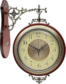 Homestia 360 Rotating Double Sided Wall Clock 13 Inch, Vintage Wood Silent Non-Ticking Battery Operated for Living Room, Kitchen, Hallway, Patio, Office Farmhouse Decor Gift