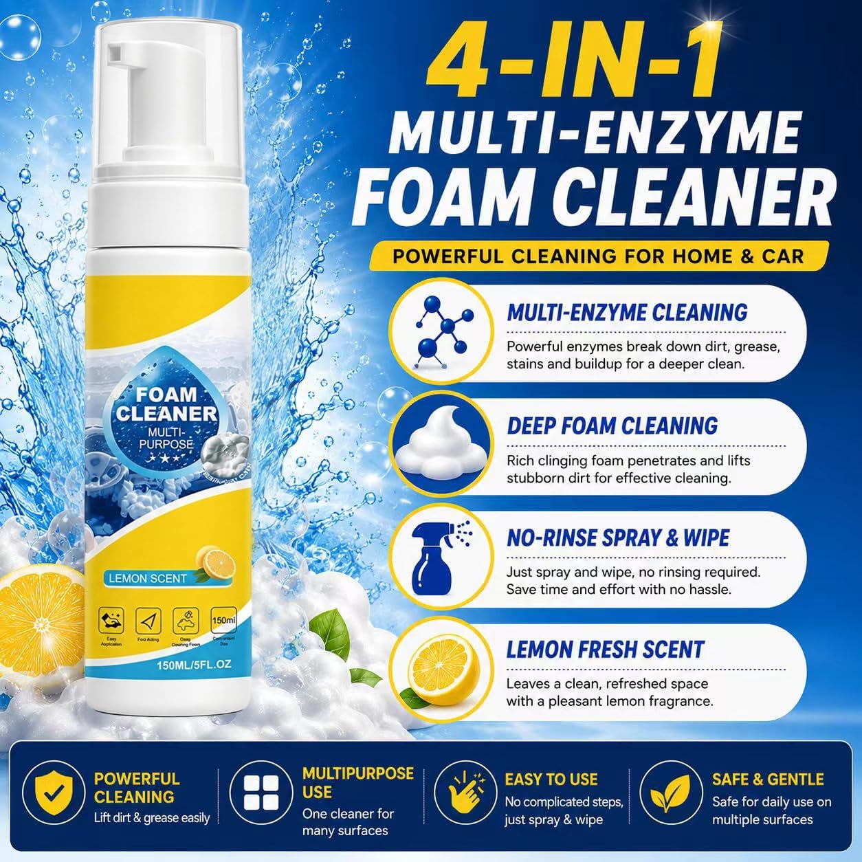 4-in-1 Multi-Enzyme Foam Cleaner,New Foam No-Rinse Cleaner,All Purpose Cleaning Foam for Car Interior, Home Kitchen, Bathroom Tiles, Multi-Surface Stain Remover with Cleaning Sponge & Towel(3pc)