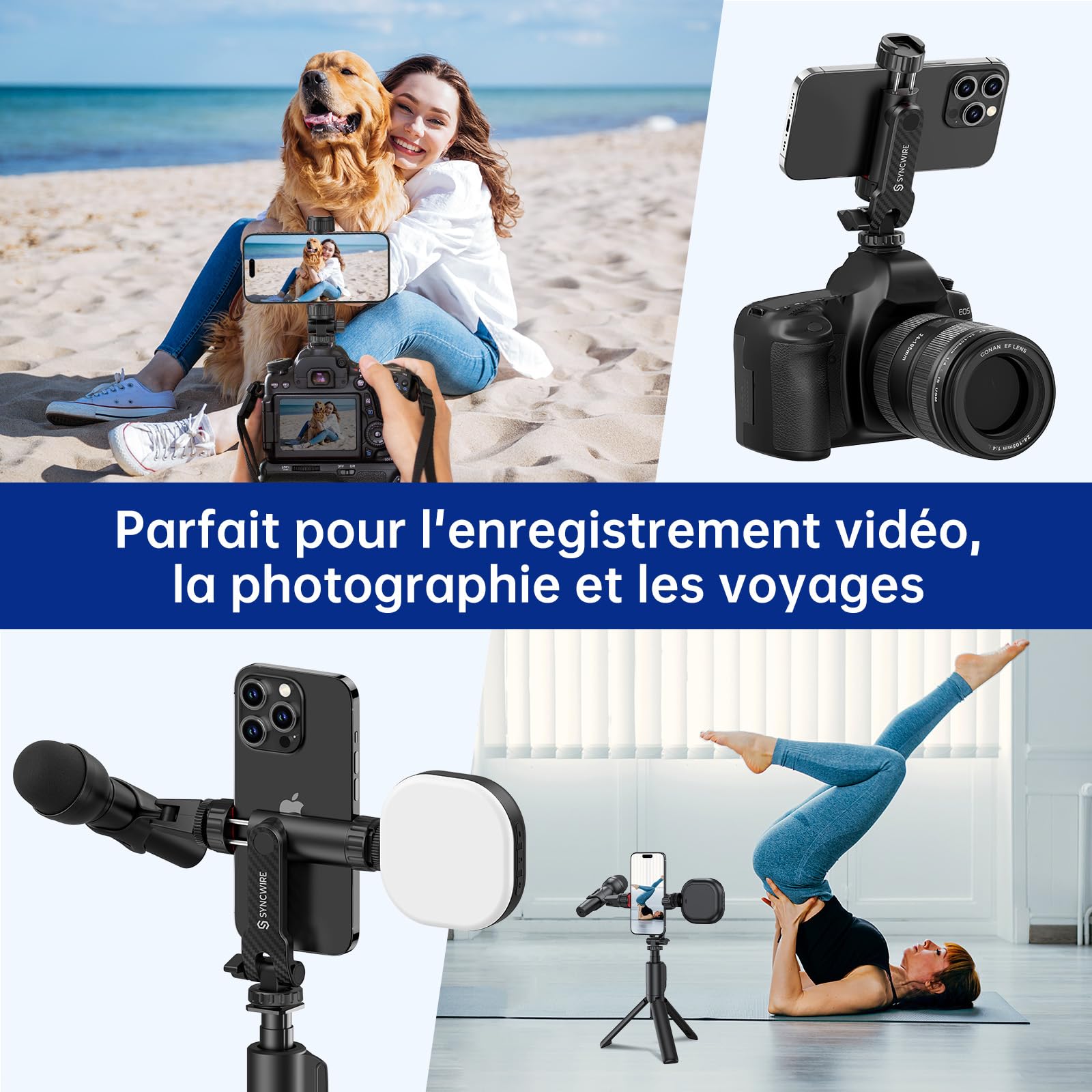 SYNCWIRE Adaptateur Trépied Smartphone avec 2 Sabots Froids, Vis 1/4", Rotatif 360°